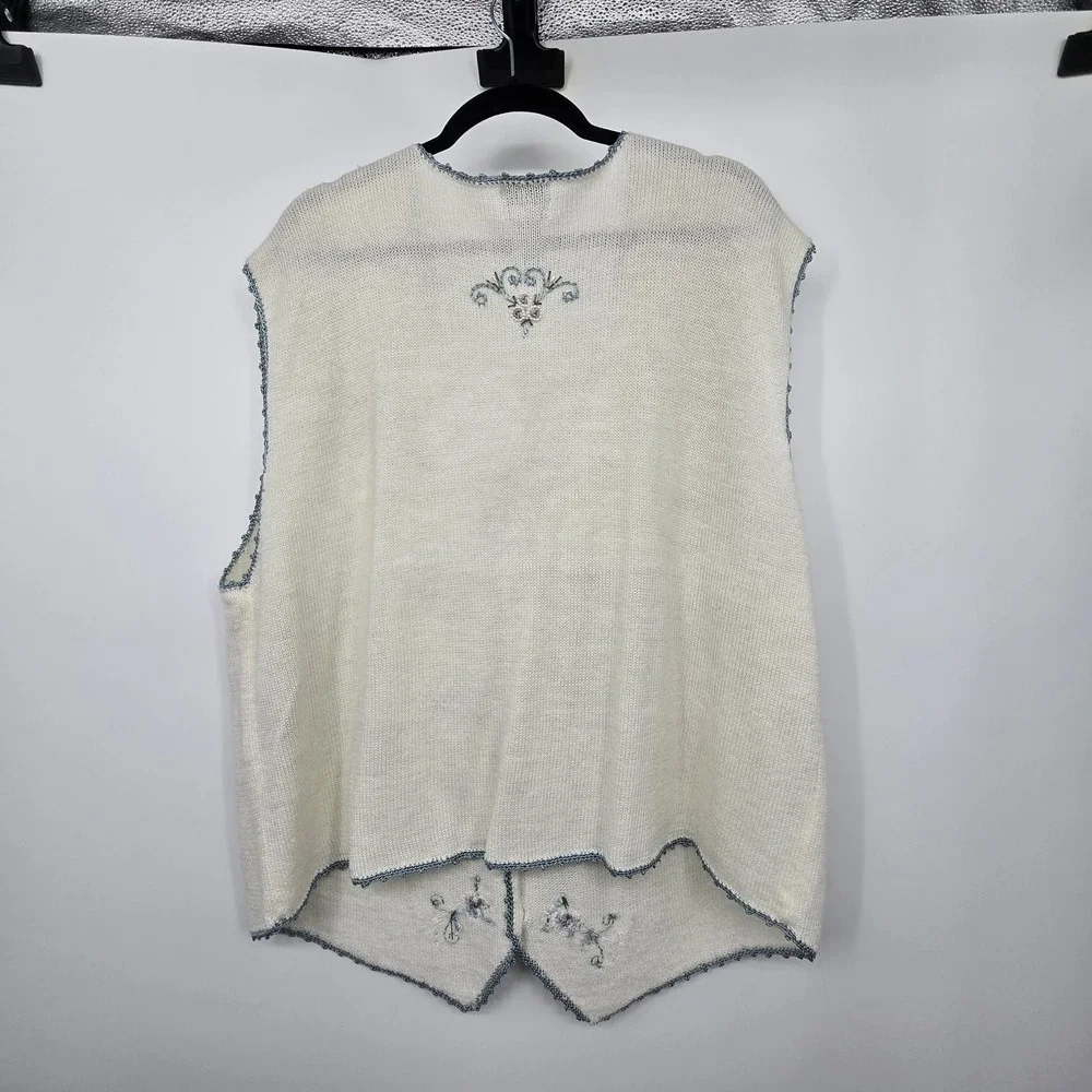 Vintage Koret Embroidered Sweater Vest Women 2X Ivory Beads Boho Cottage Grandma
